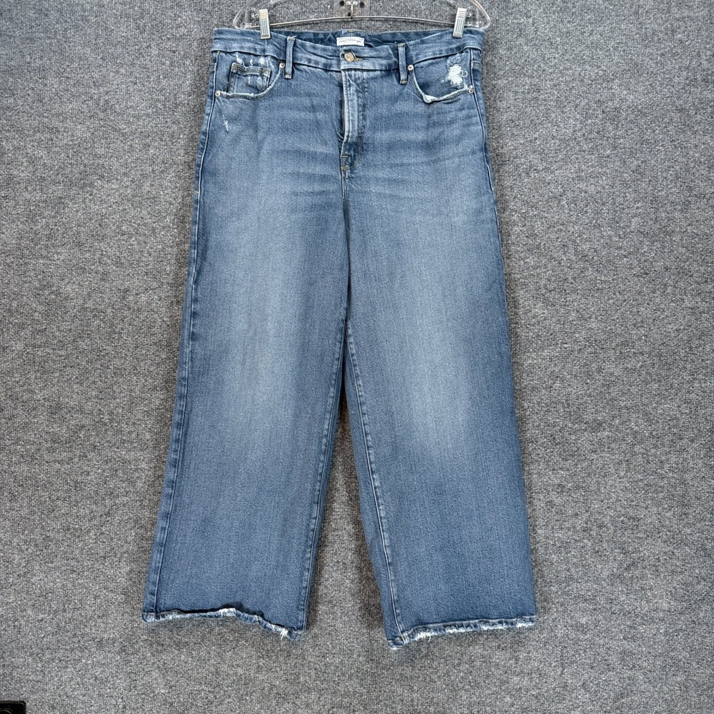 Good American Jeans Women 14 Blue Wide Leg Distressed Cropped Denim High Rise